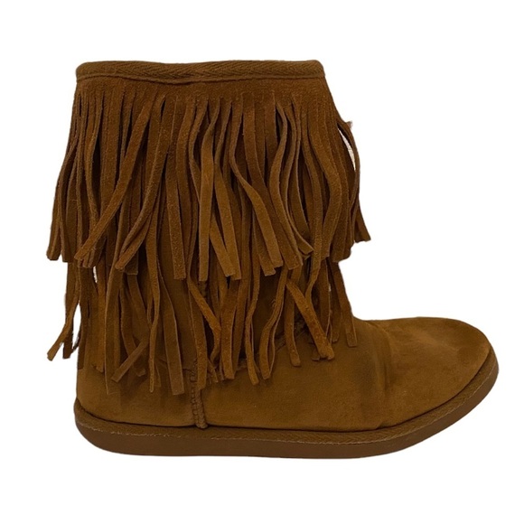 Justice Girls Size 4 Brown Suede Fringed Pull Up Boots Faux Sheepskin Bohemian - Picture 1 of 11